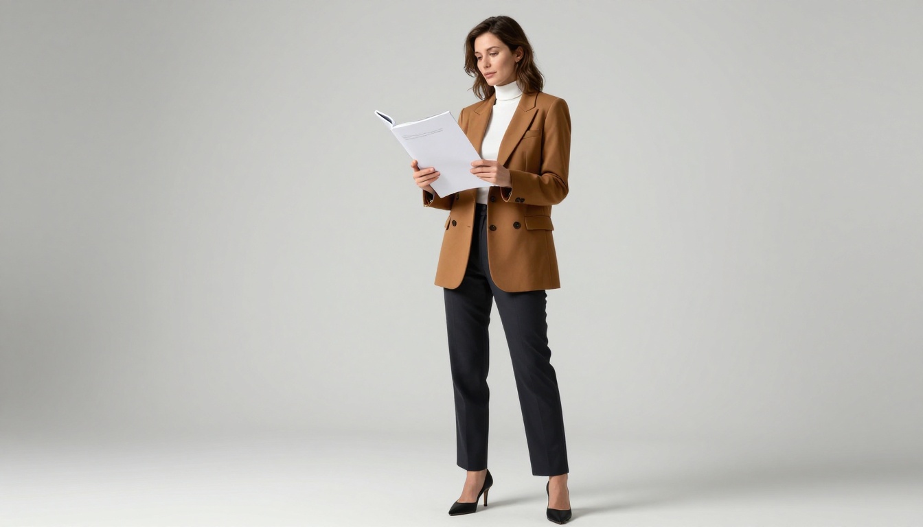 Confident fashion model in a minimalist white studio holding an open lookbook