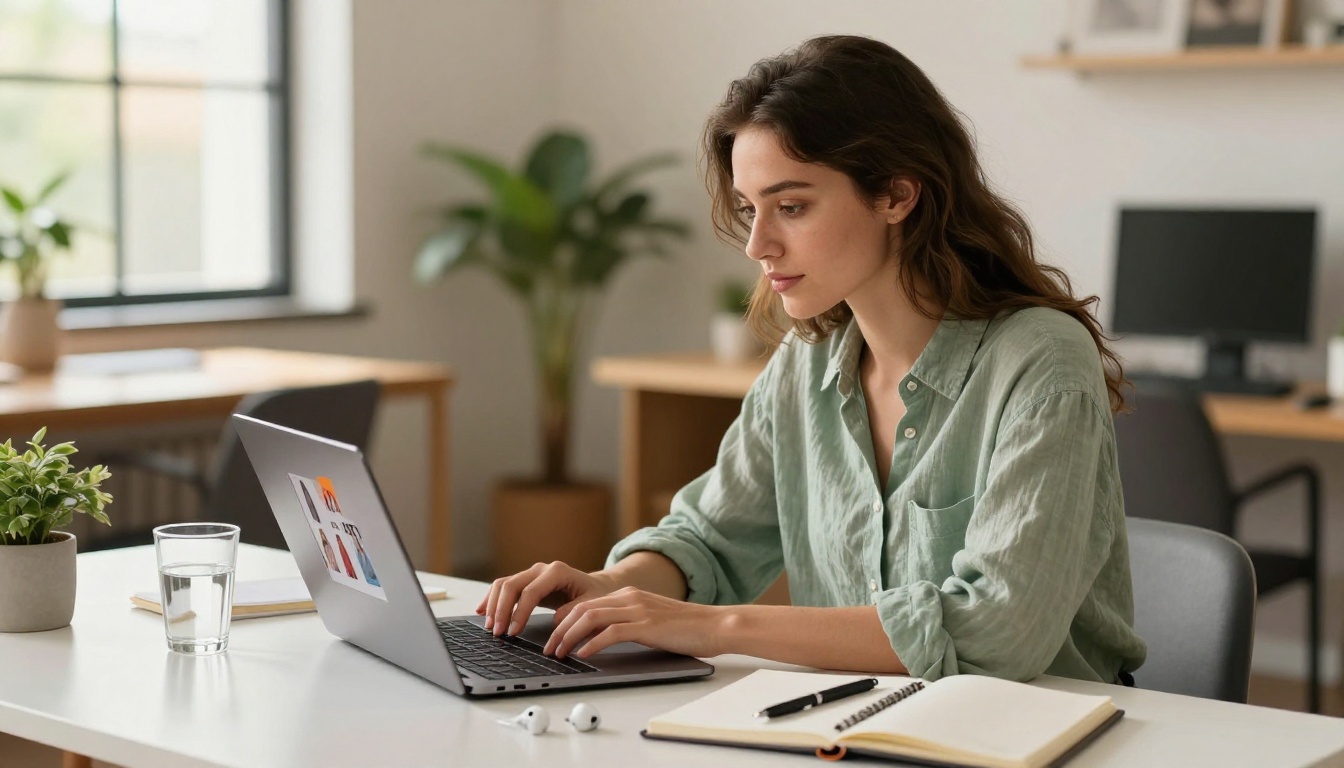 Young entrepreneur creating a digital lookbook on a laptop in a bright co-working space