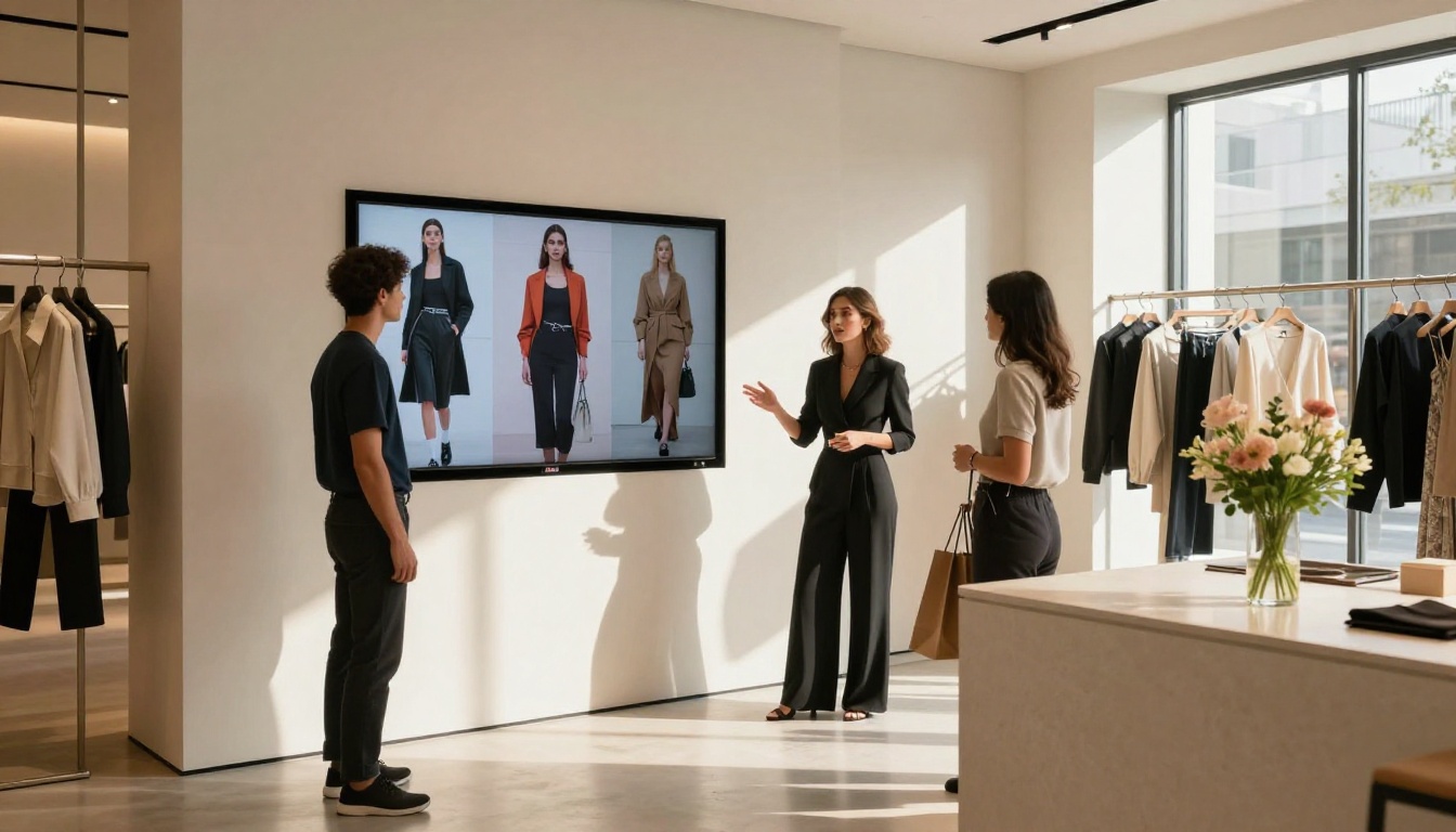 Chic fashion boutique with a digital lookbook displayed on a wall-mounted screen