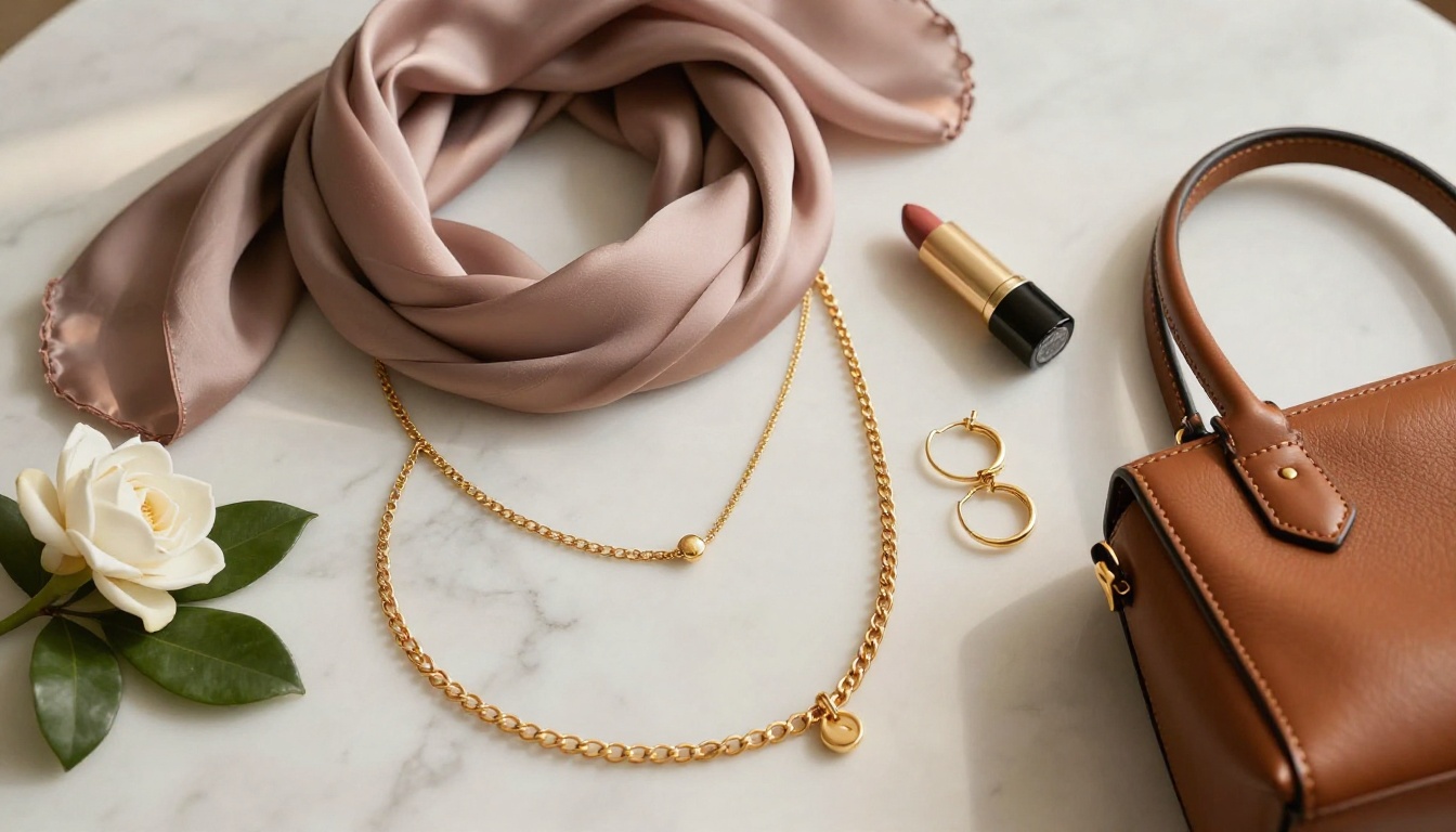 Curated fashion accessories flat-lay on warm white marble surface for a lookbook spread