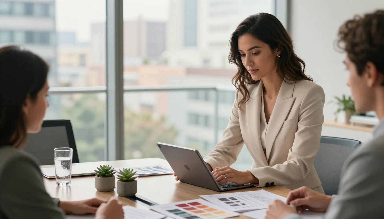 Fashion brand owner presenting a digital lookbook on a tablet to a client across a conference table