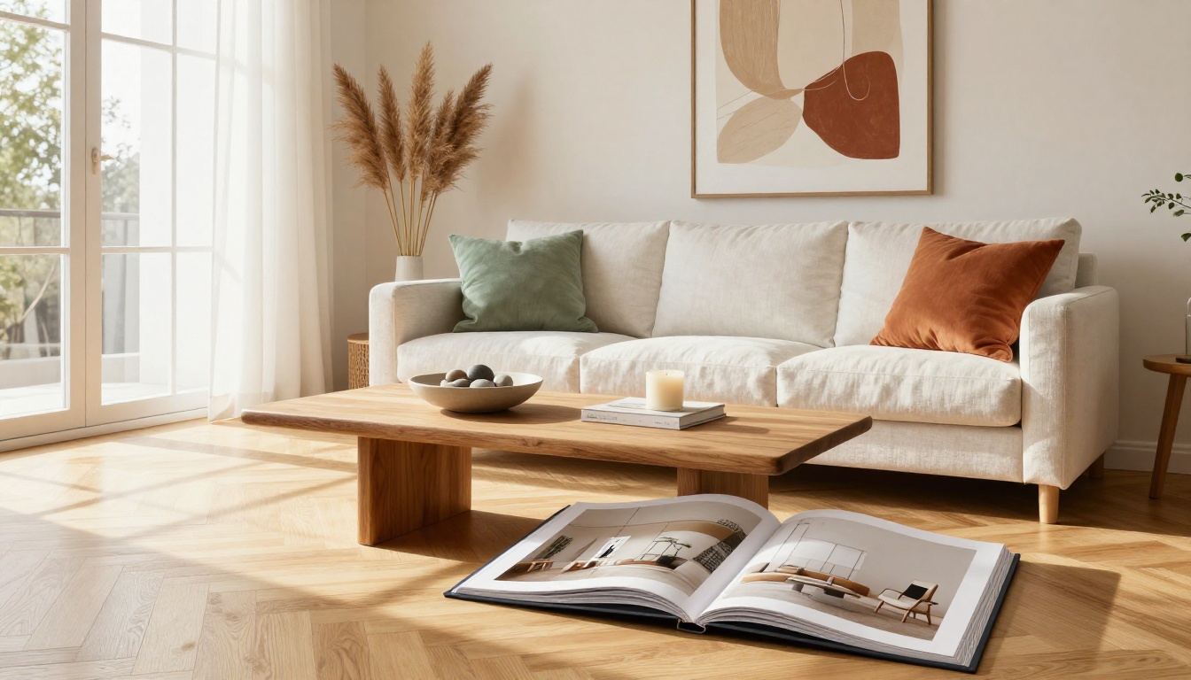 Beautifully styled Scandinavian living room with an open interior design lookbook on the coffee table