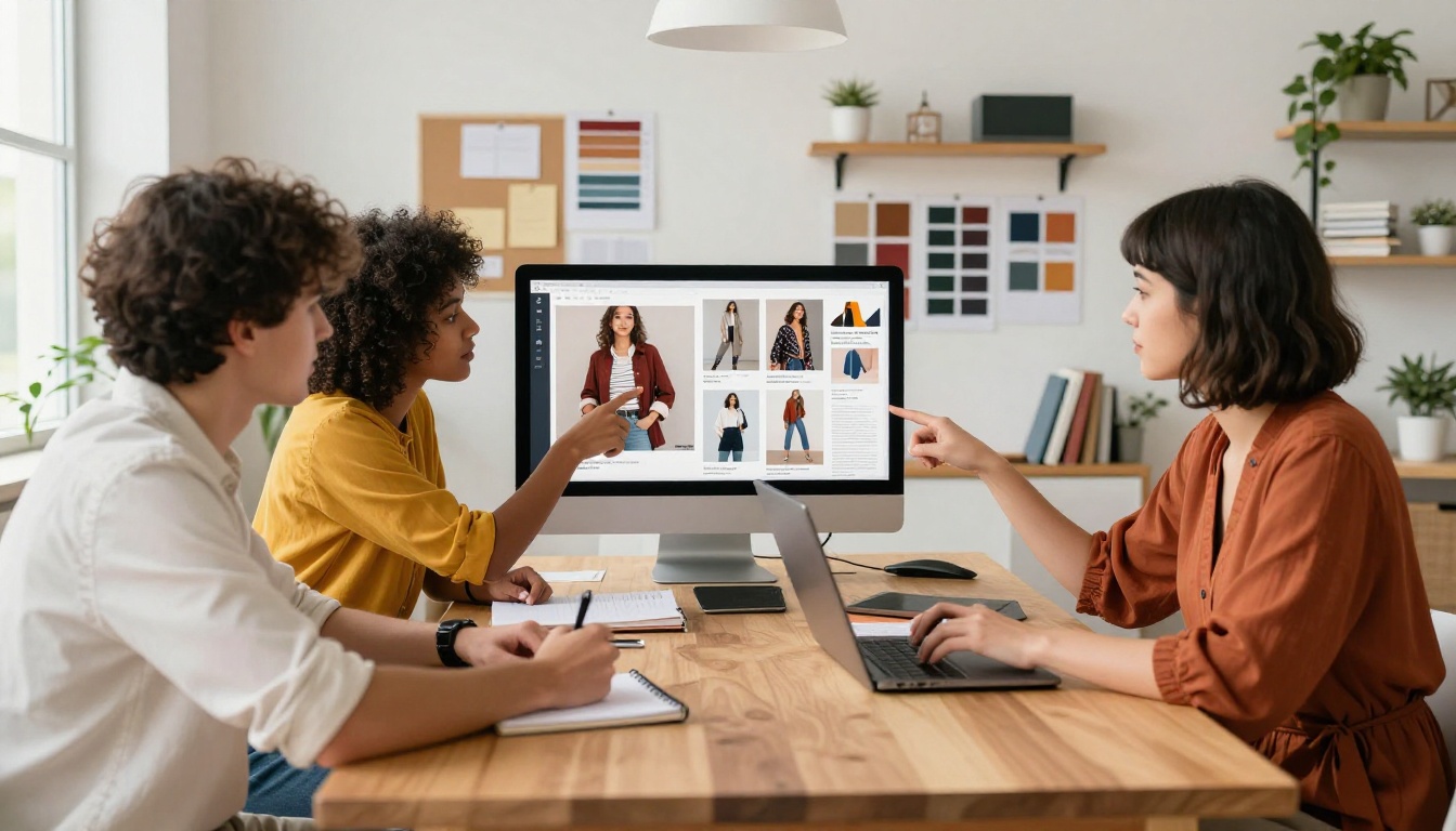 Brand creative team reviewing a digital lookbook on a monitor in a modern studio