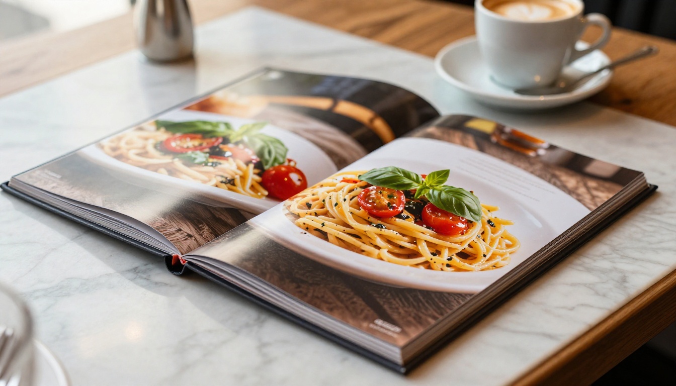 Open restaurant flipbook menu on marble table with vibrant food photography