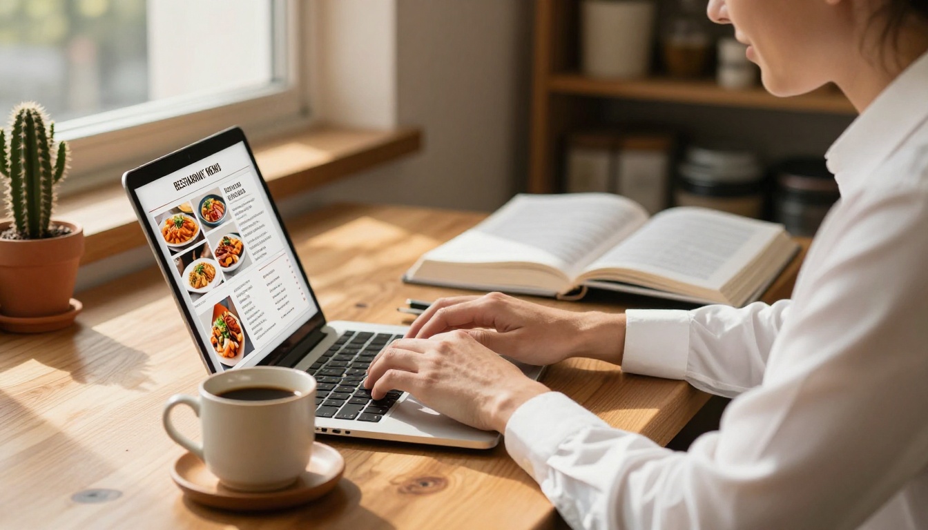 Restaurant owner uploading menu PDF on laptop in cozy warm back office