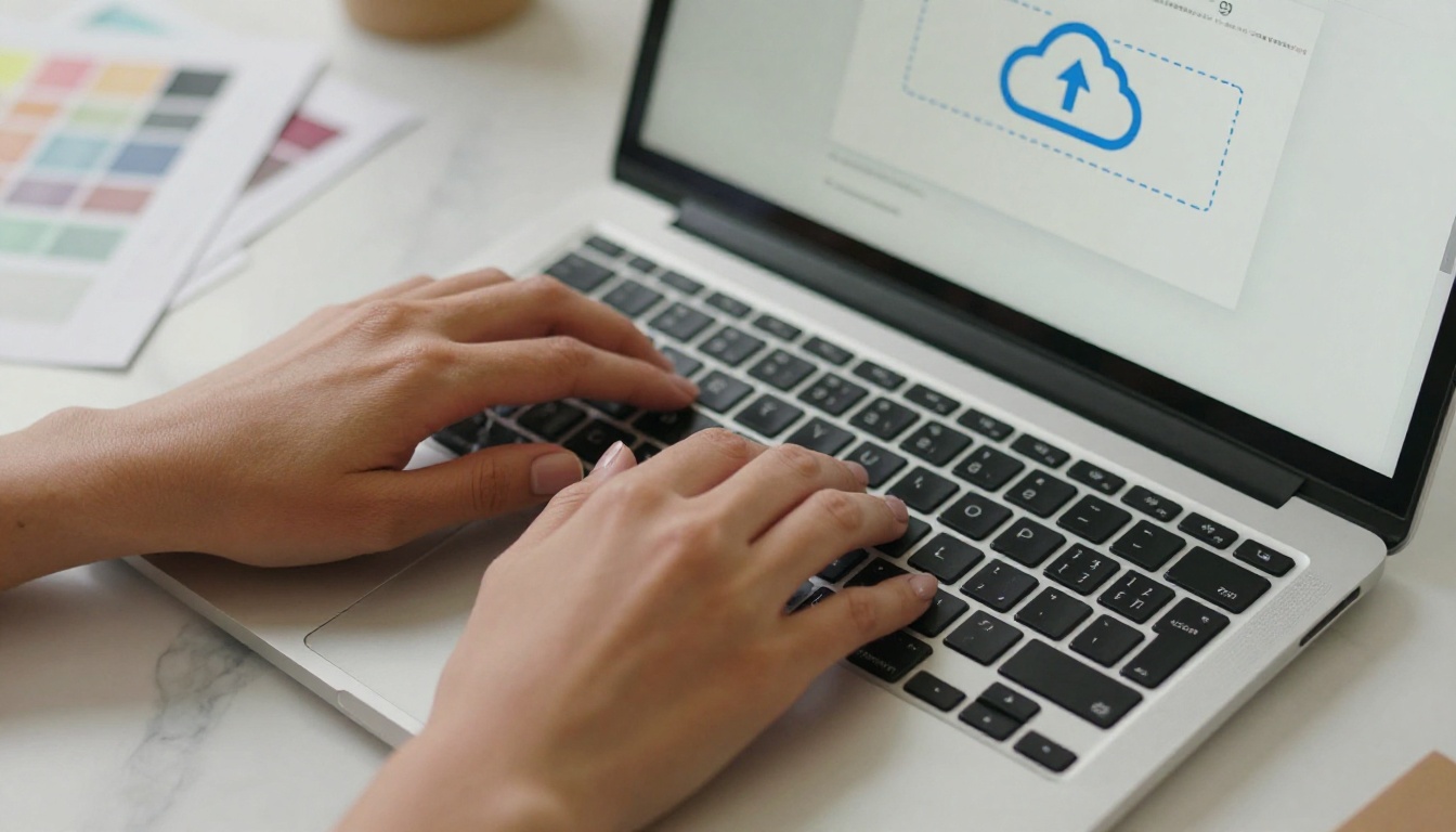 Business professional uploading a brochure to a digital platform