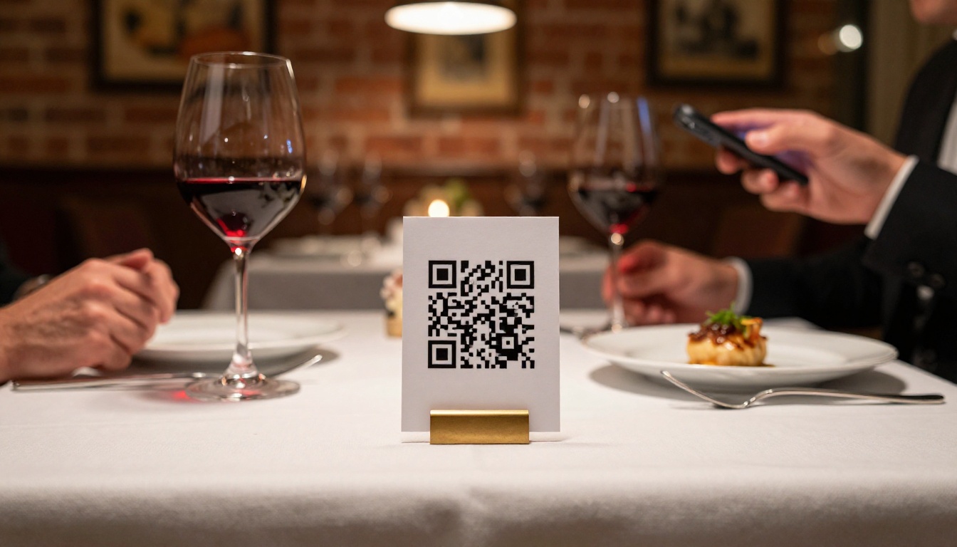 QR code on restaurant table card with diners scanning in warm evening ambiance