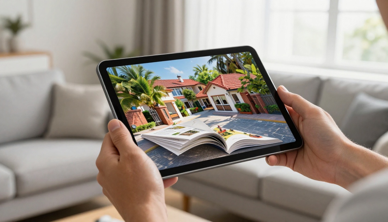 Interactive page-flip brochure displayed on a tablet device
