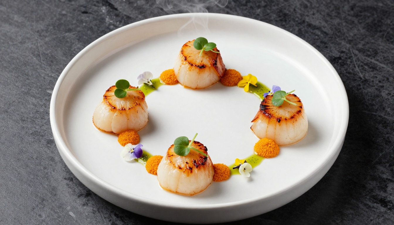 Fine dining scallop appetizer photographed overhead on dark marble surface