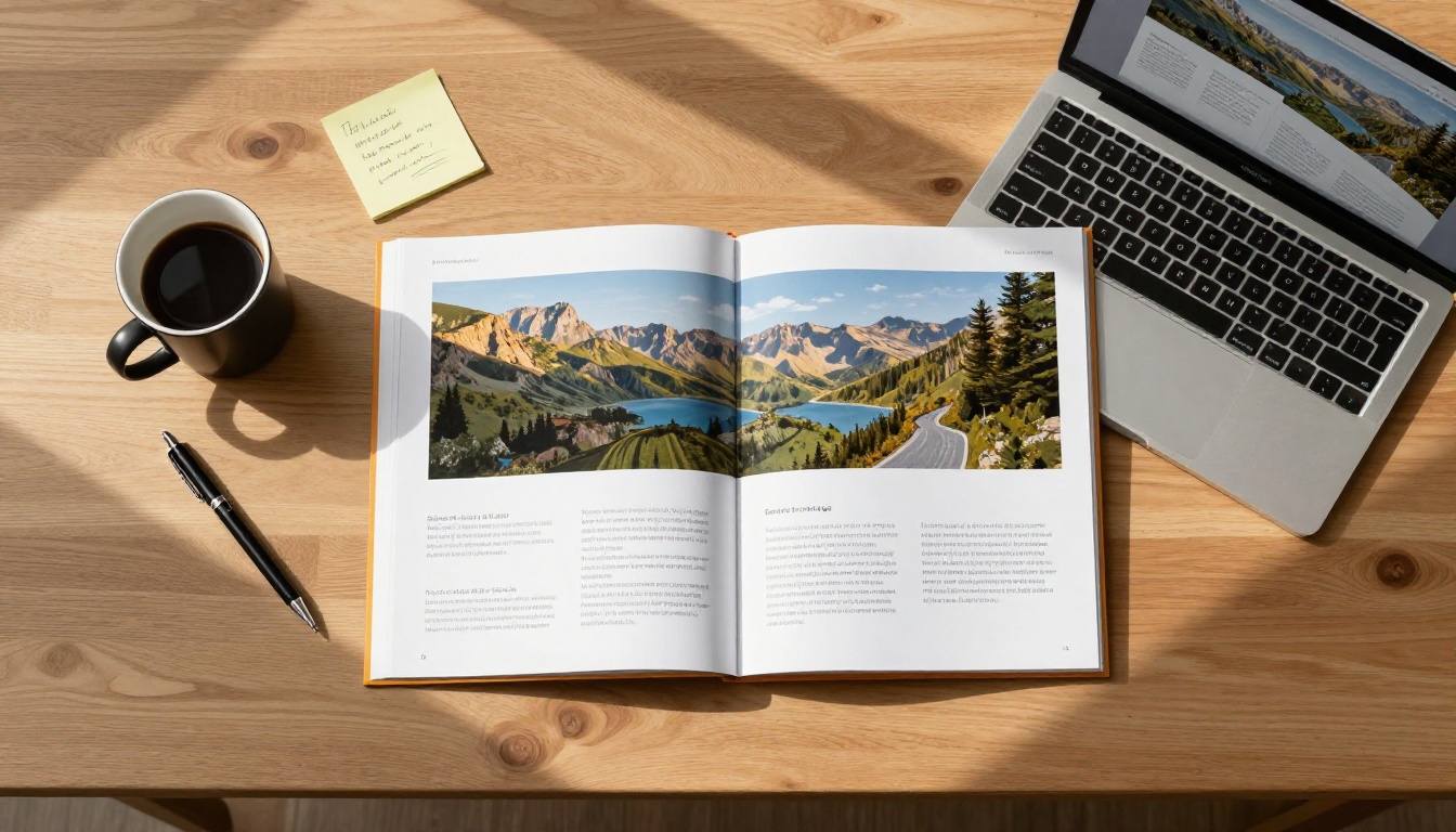 Flat-lay of a printed brochure next to a laptop showing the same content as a digital flipbook