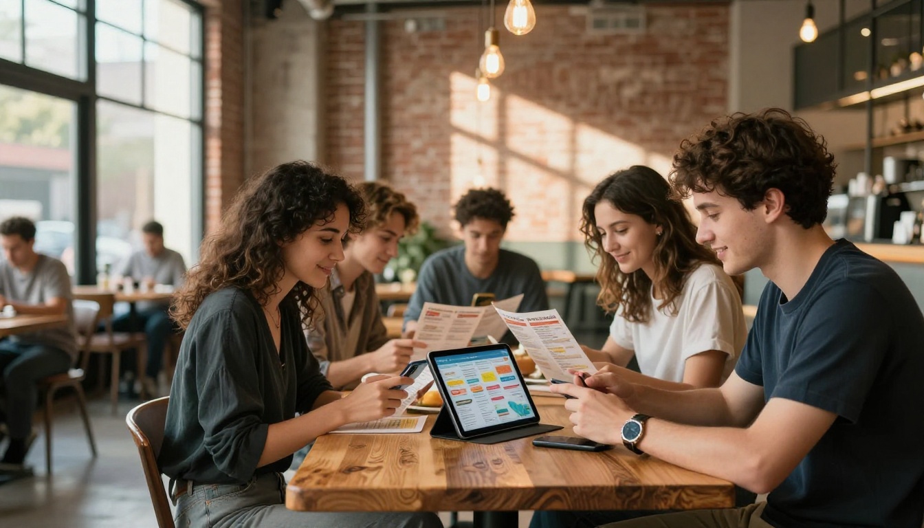 Modern bistro with diners browsing digital menus on phones and a tablet at wooden table