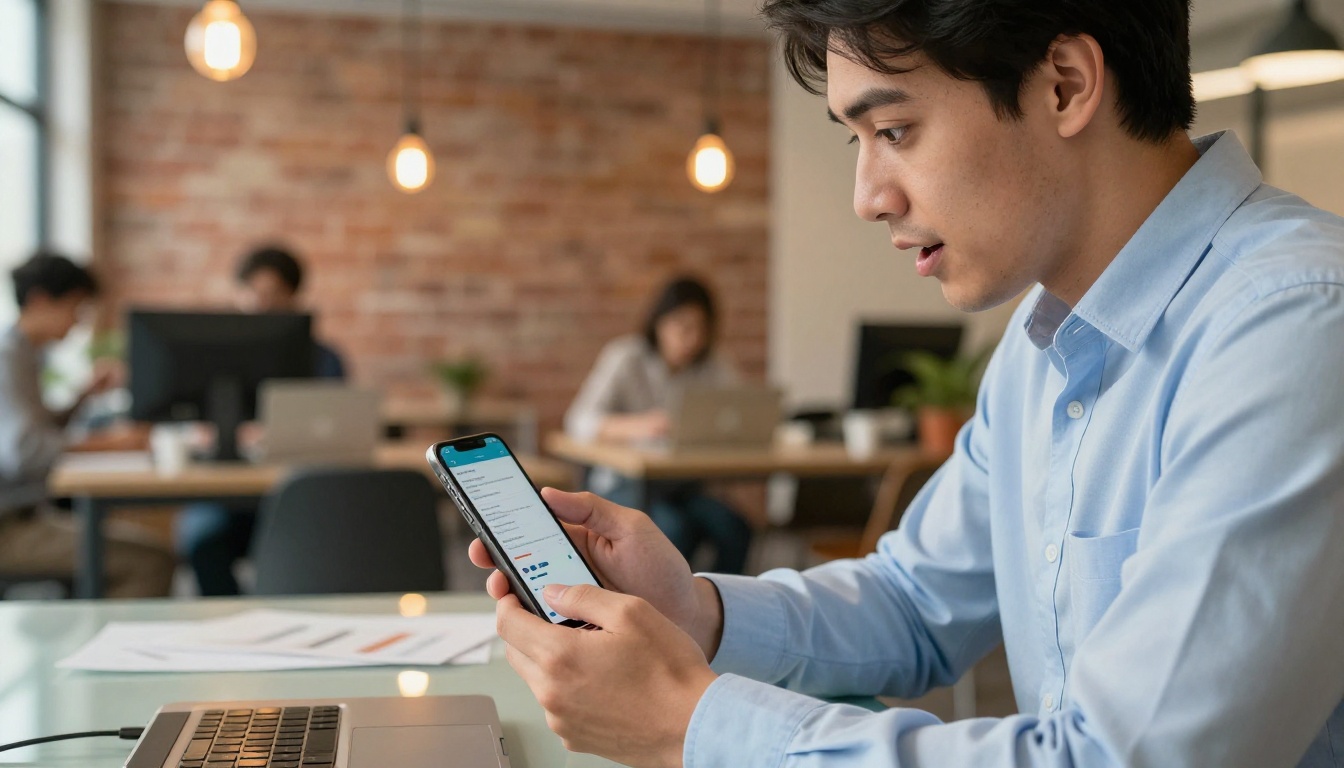 Young professional man viewing an interactive brochure on his smartphone in a co-working space
