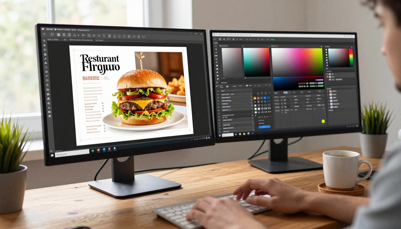 Graphic designer customizing restaurant menu flipbook on dual monitors in bright naturally lit studio