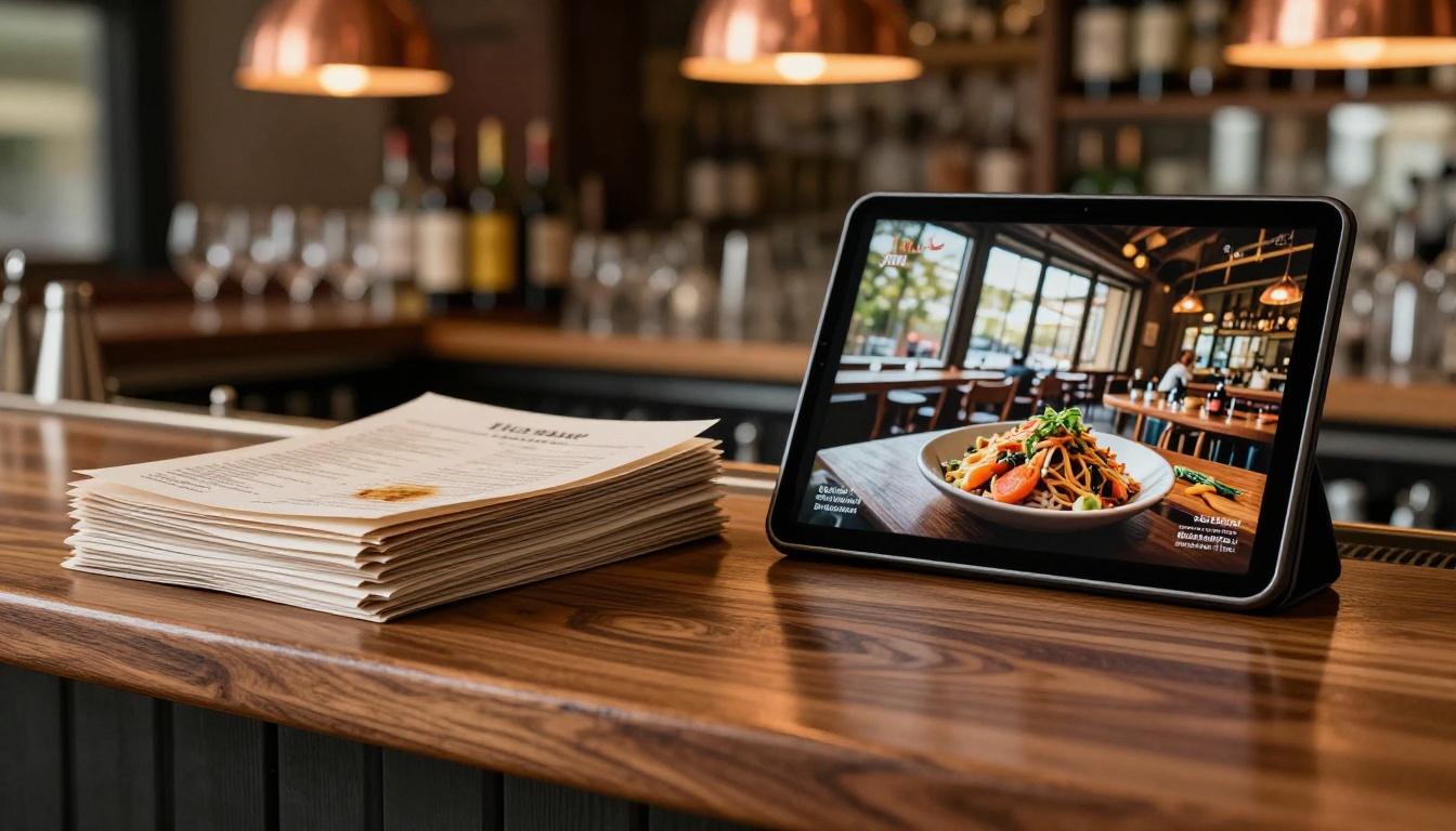 Worn stack of paper menus beside a sleek tablet showing digital flipbook on restaurant bar counter