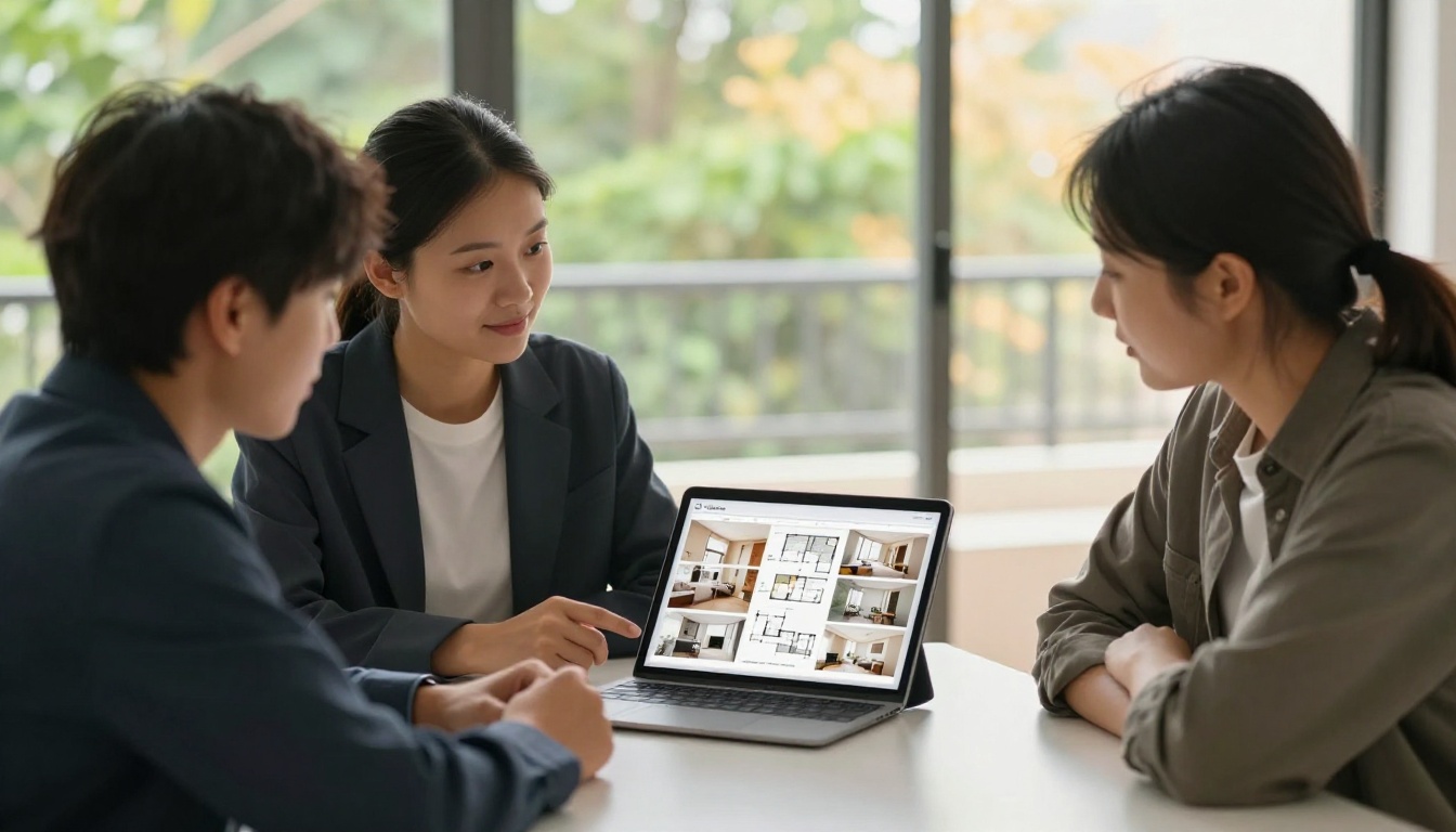 Real estate agent presenting interactive brochure to a young couple at a meeting table