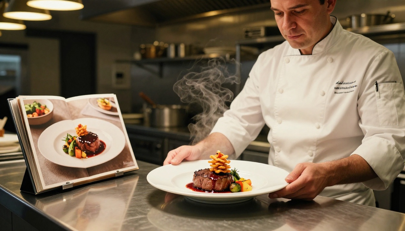 Head chef presenting signature main course dish at pass-through with flipbook menu visible in foreground