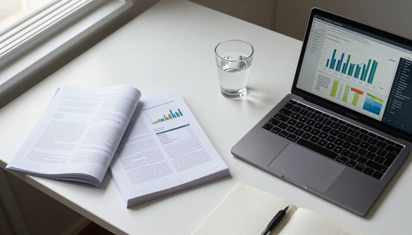 Overhead view of a desk with printed brochure pages beside a laptop showing a digital analytics dashboard