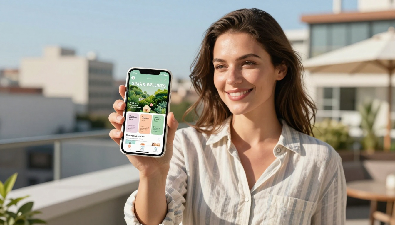 Woman smiling on a sunny urban rooftop terrace, sharing an interactive brochure on her smartphone