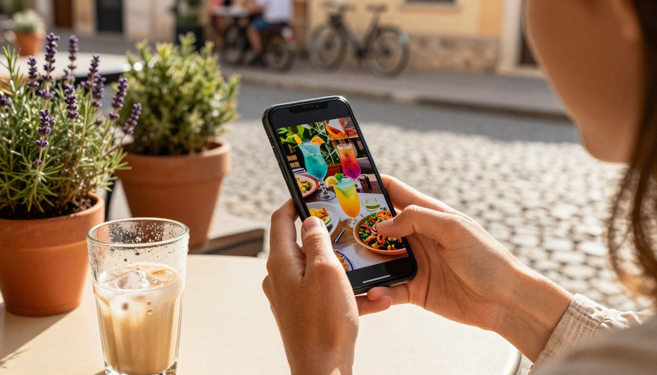 Young woman browsing restaurant flipbook menu on smartphone at sunny outdoor cafe terrace