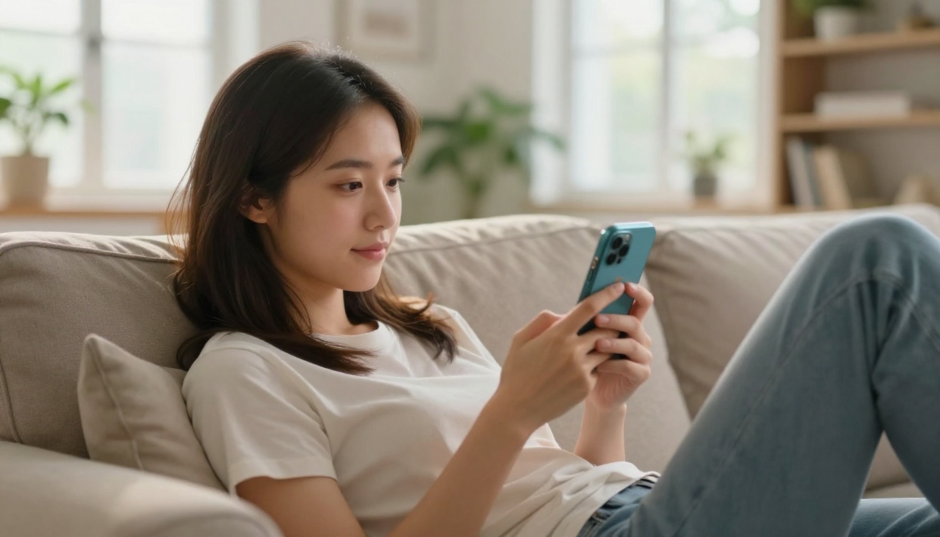 Woman relaxing on couch scrolling through a digital flipbook on her smartphone