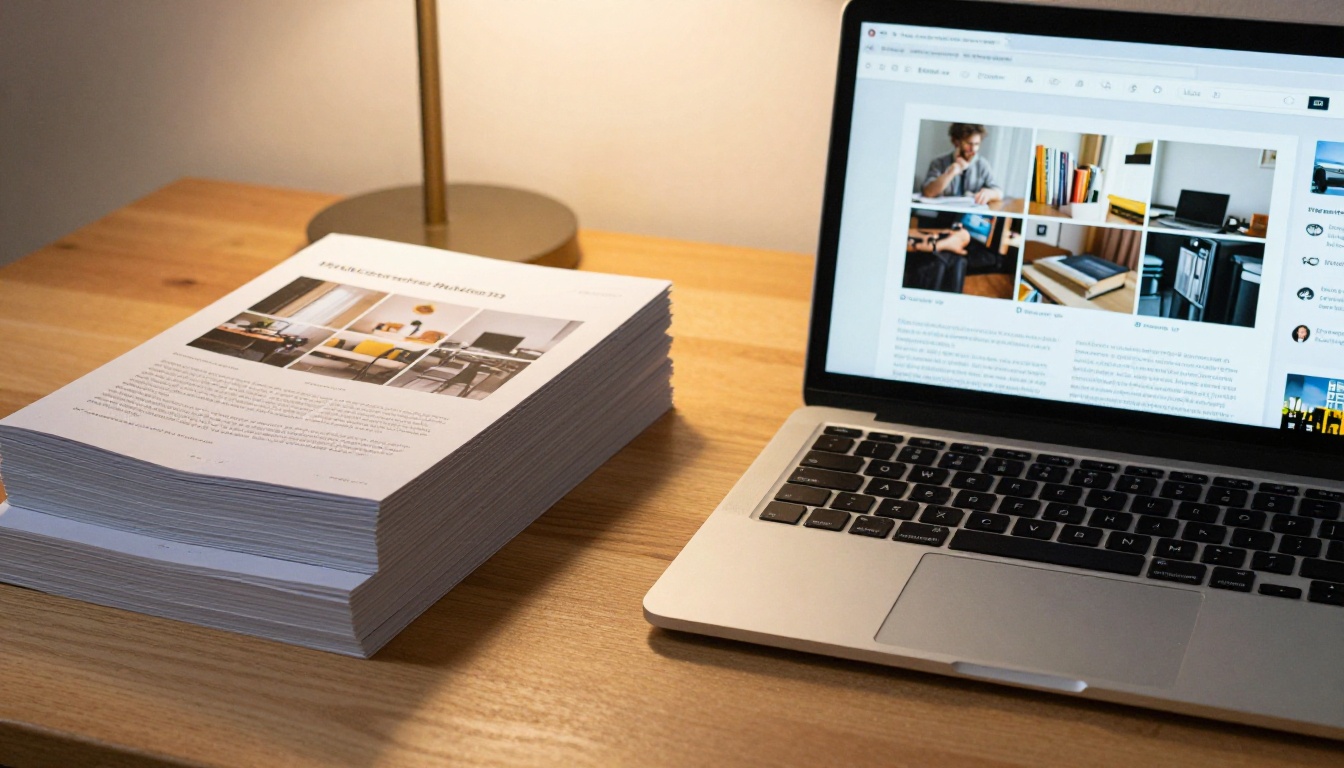 Stack of printed PDF brochures next to laptop showing the same content as a digital flipbook