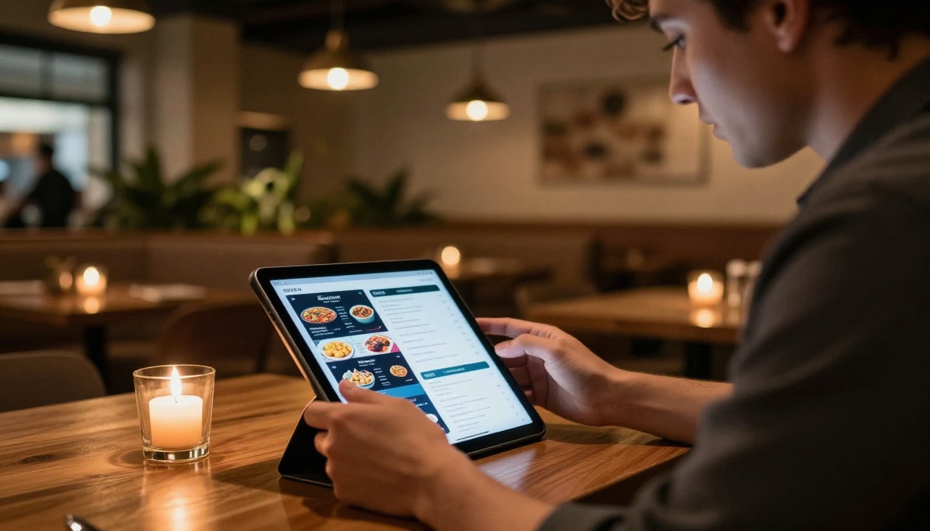 Restaurant owner reviewing a colorful digital menu flipbook on a tablet
