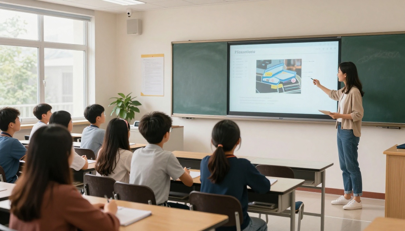 Teacher showing digital e-book flipbook to students on a projected classroom screen