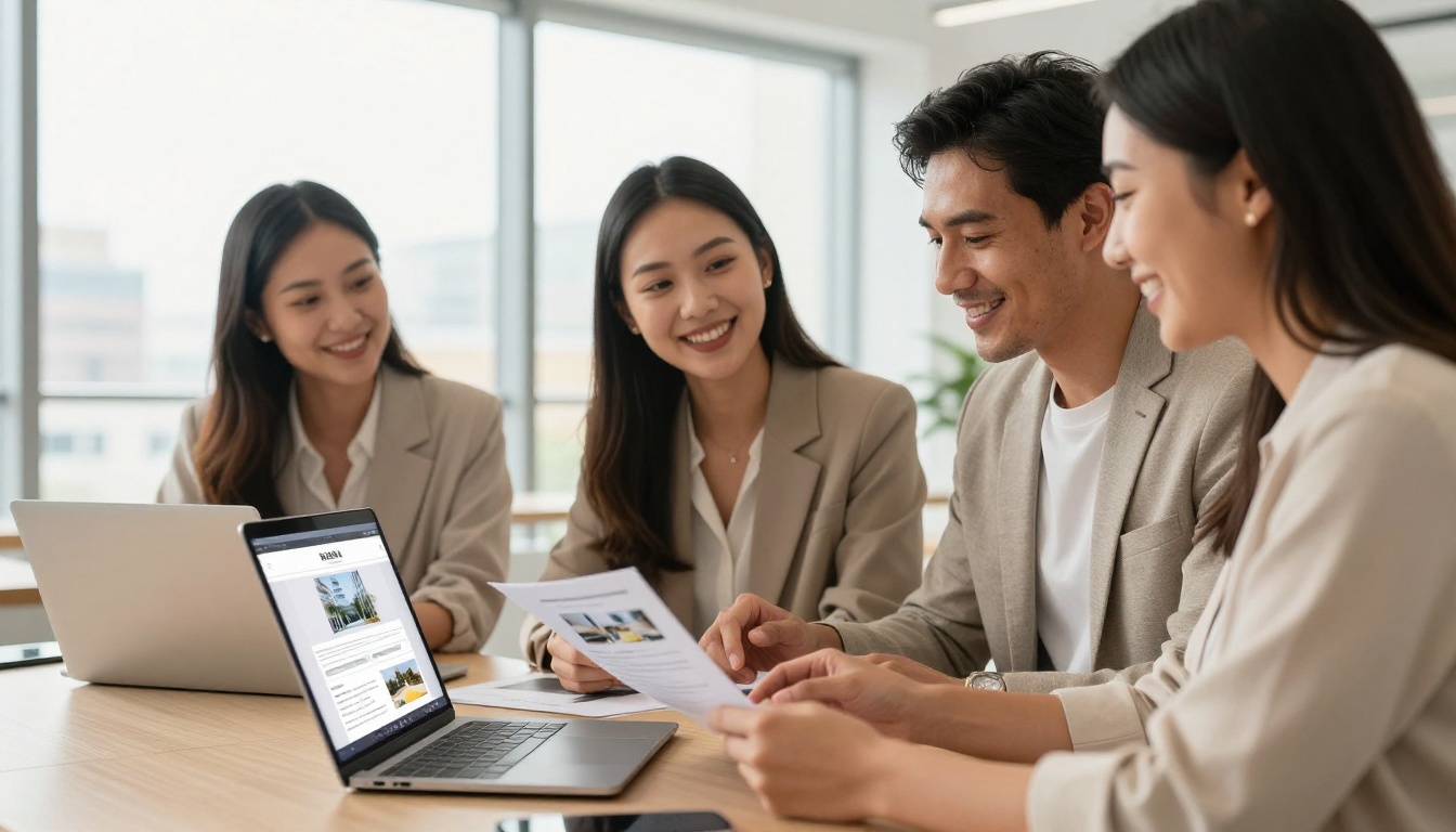 Real estate agent showing property brochure as a digital flipbook to clients on a laptop