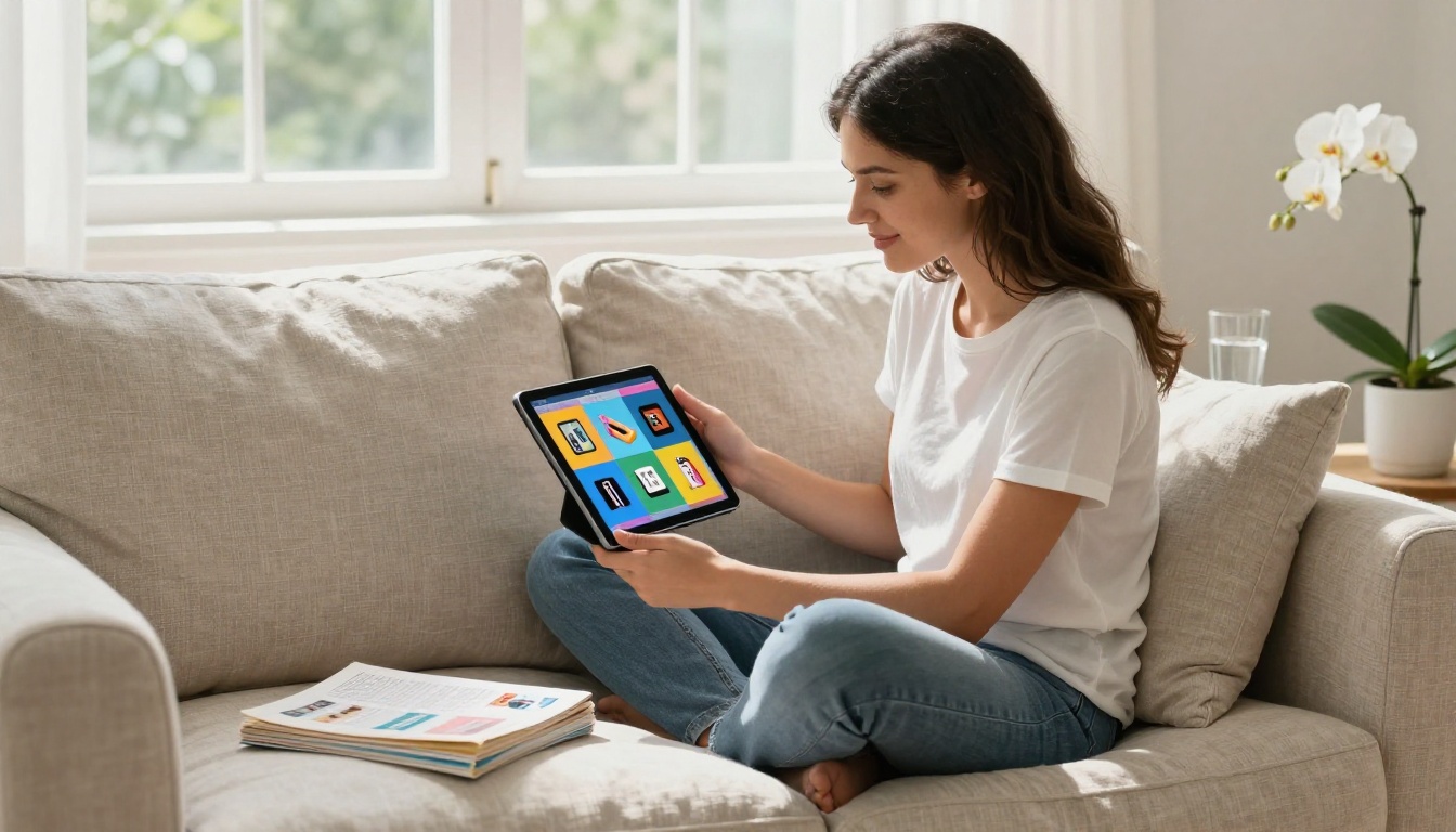 Young woman comparing printed catalog with digital flipbook on tablet Young woman comparing printed catalog with digital flipbook on tablet