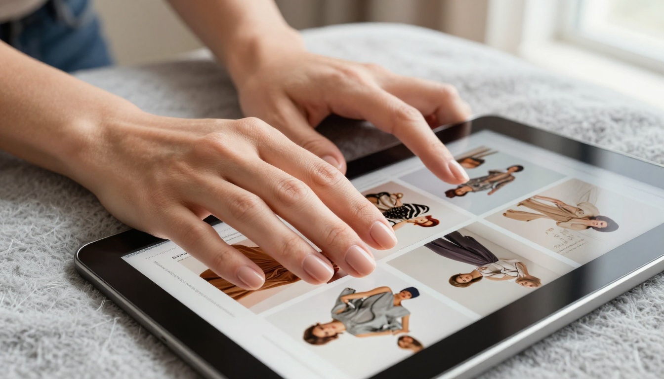 Fashion catalog product spreads viewed on a tablet with cashmere backdrop Fashion catalog product spreads viewed on a tablet with cashmere backdrop
