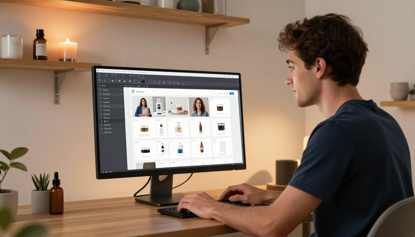 Business owner designing a digital product catalog on a large monitor Business owner designing a digital product catalog on a large monitor