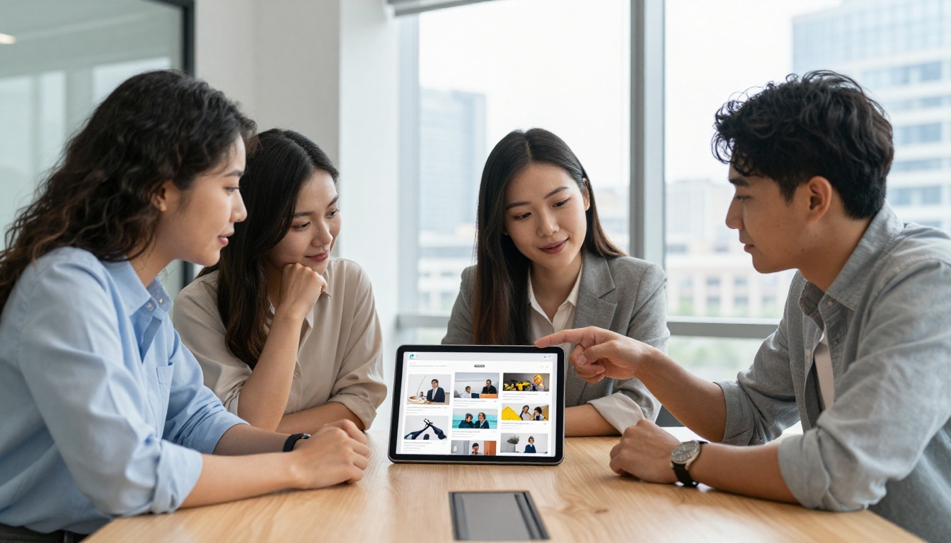 Team of professionals reviewing digital catalog analytics around conference table Team of professionals reviewing digital catalog analytics around conference table