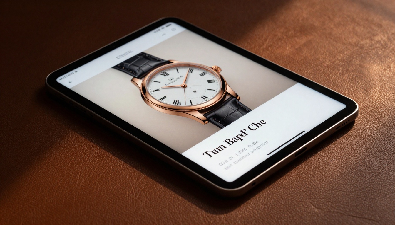 Luxury watch product detail page shown in flipbook catalog on leather surface Luxury watch product detail page shown in flipbook catalog on leather surface