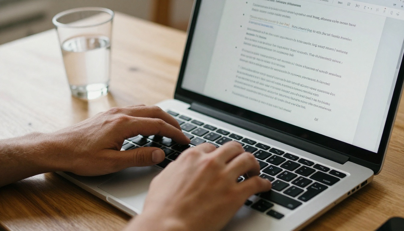 Person typing a formatted Word document on a laptop at a wooden kitchen table with soft diffused daylight