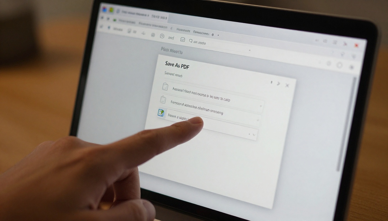 Close-up of laptop screen showing the Word Save As dialog with PDF selected, fingers hovering over trackpad