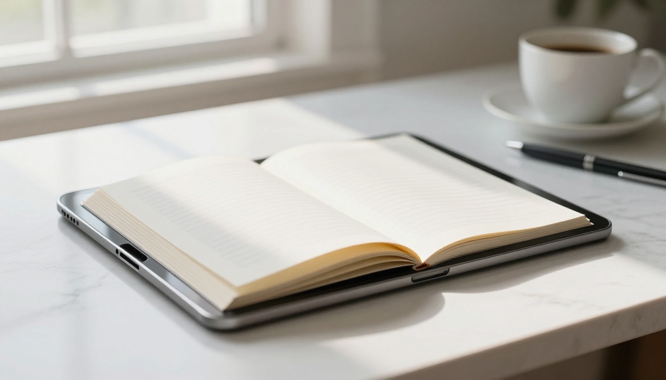 Sleek tablet on white marble desk displaying an open digital flipbook with realistic page-curl visible at corner