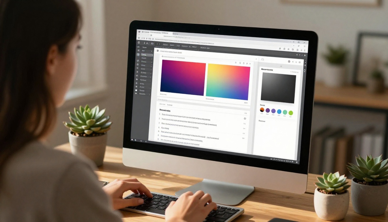 Young woman customizing colors and fonts in a web-based editor on a desktop computer with afternoon window light