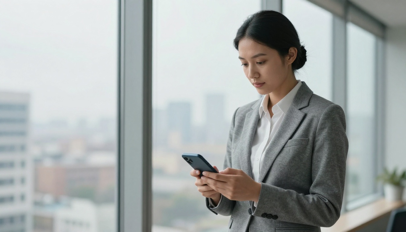 Business professional in gray blazer holding smartphone sharing a digital document near a floor-to-ceiling office window