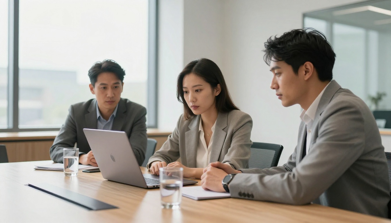 Small team of three professionals gathered around a conference table looking at a laptop presentation