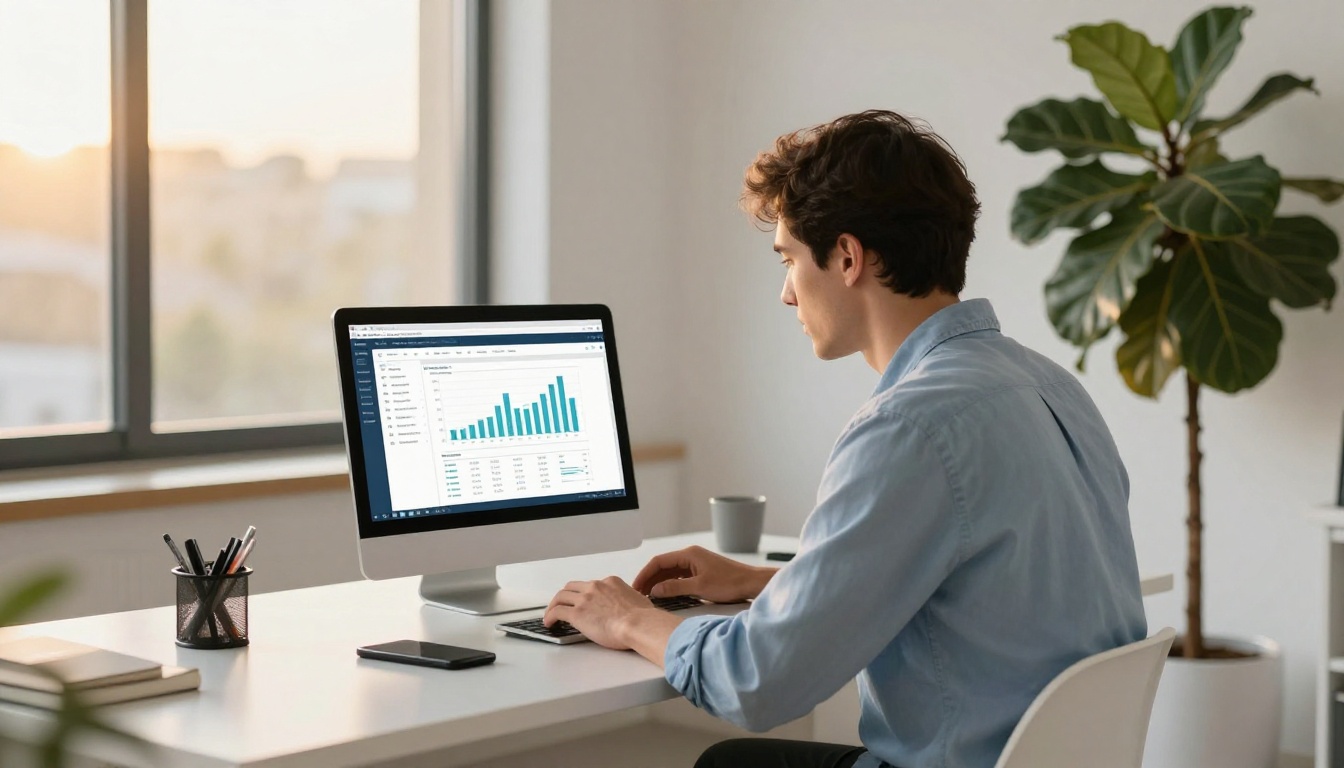 Man in blue shirt reviewing a web analytics dashboard at a standing desk with afternoon golden light and a fiddle leaf fig tree