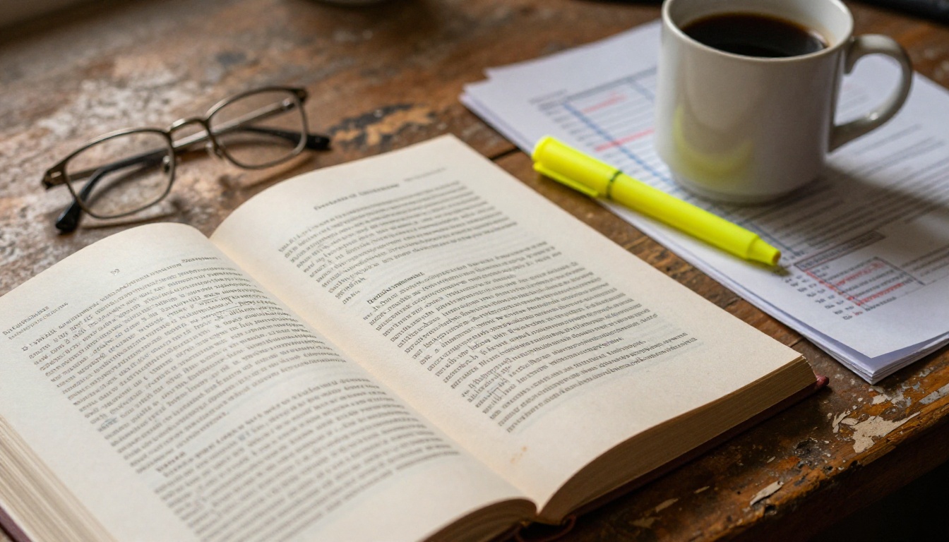 Open hardbound dissertation on a wooden desk with reading glasses, coffee, and annotated pages