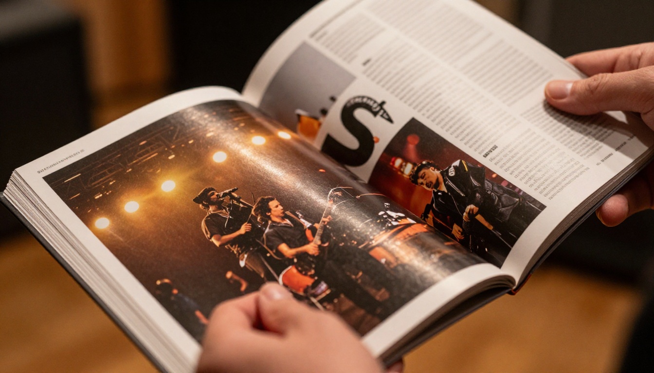 A musician's hands turning the pages of a polished press kit booklet in warm studio light
