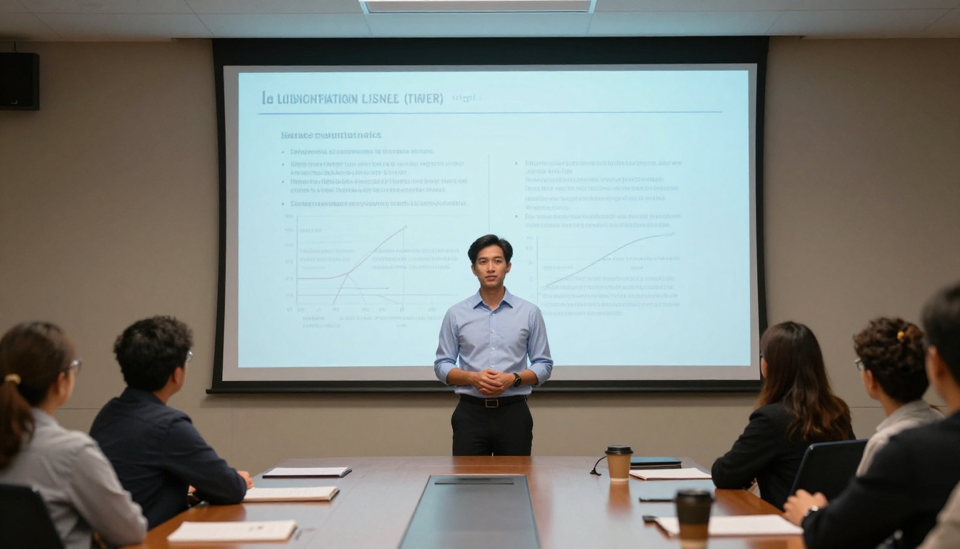 A researcher presenting academic work on a projection screen in a modern conference room