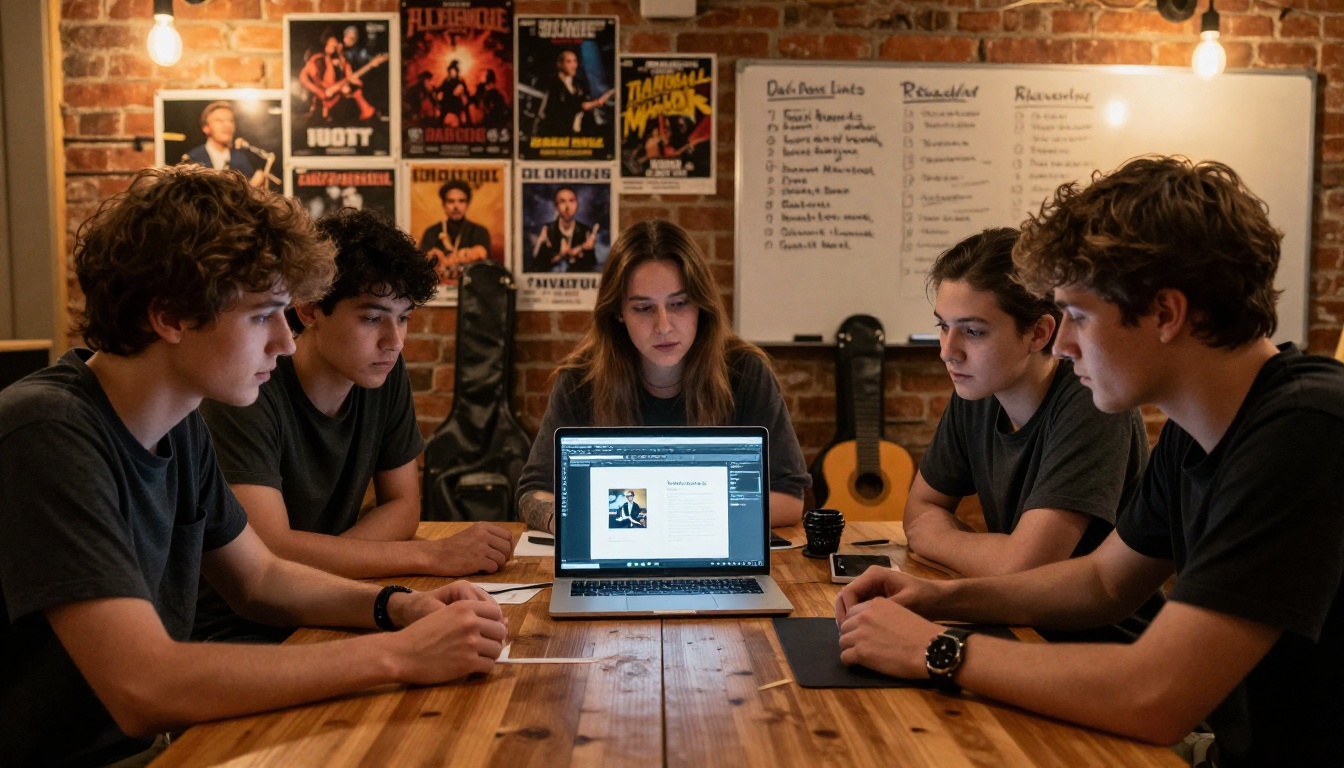A band gathered around a laptop reviewing their digital press kit in a rehearsal room