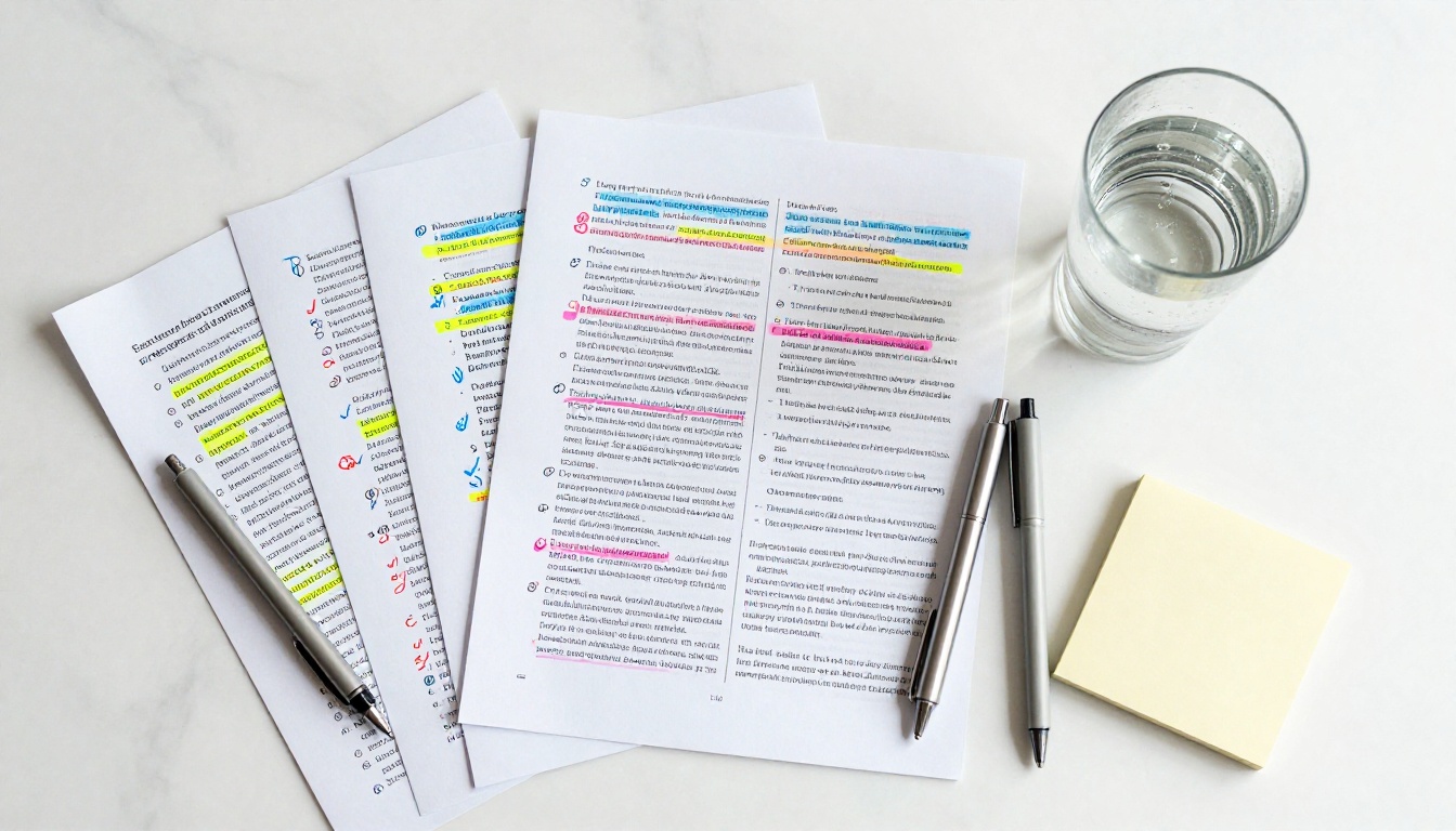 Aerial flat-lay of annotated academic research papers with pens and highlighters on a white marble desk