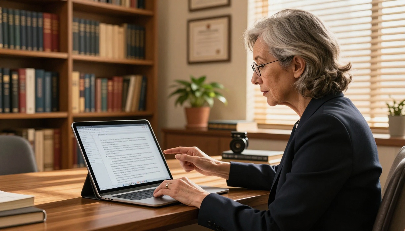A female professor reviewing a student thesis on an iPad in an office with bookshelves