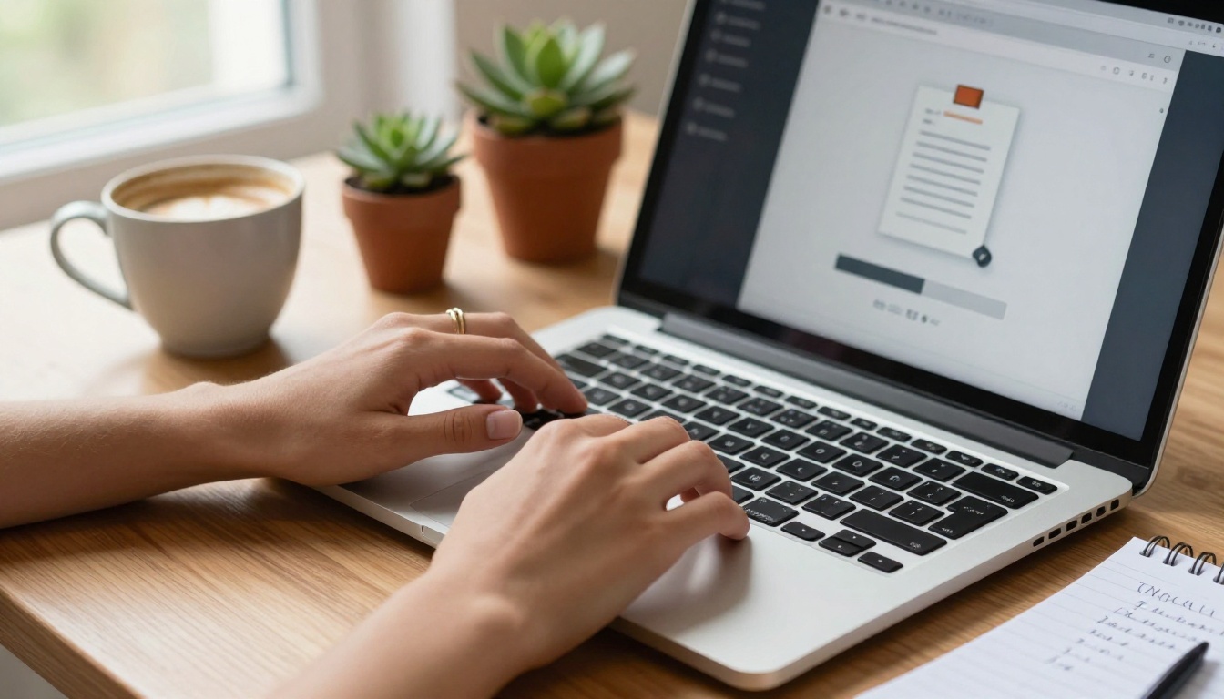 Close-up of hands uploading a PDF thesis document to a laptop browser interface