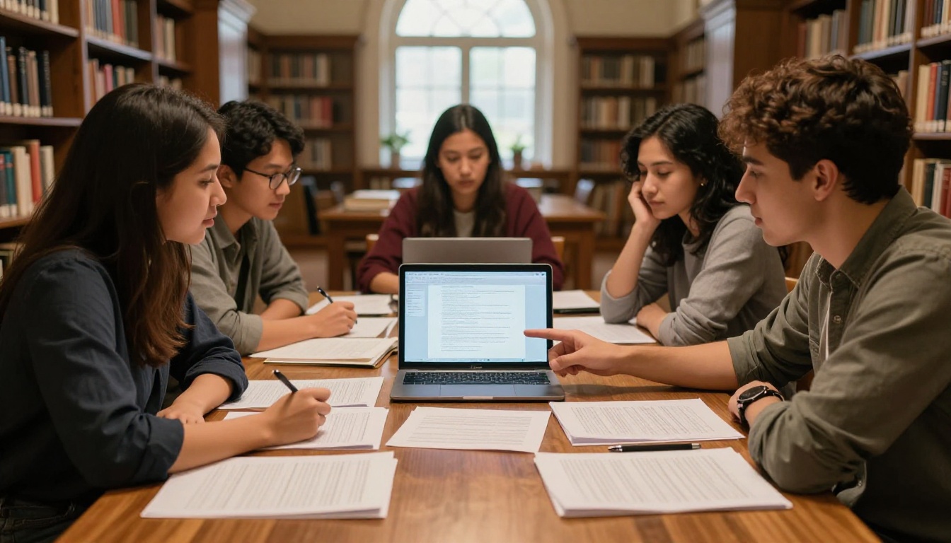 A diverse group of graduate students collaborating over research papers and a shared tablet in a library