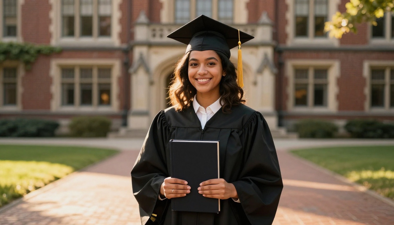 A graduate student in academic regalia holding a bound thesis on a brick university campus