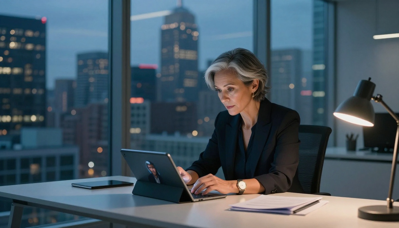 A record label executive reviewing a musician portfolio on a tablet in a modern office at dusk with city lights behind her